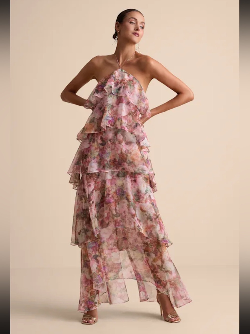 Melody Pink Floral Tiered Halter Maxi Dress